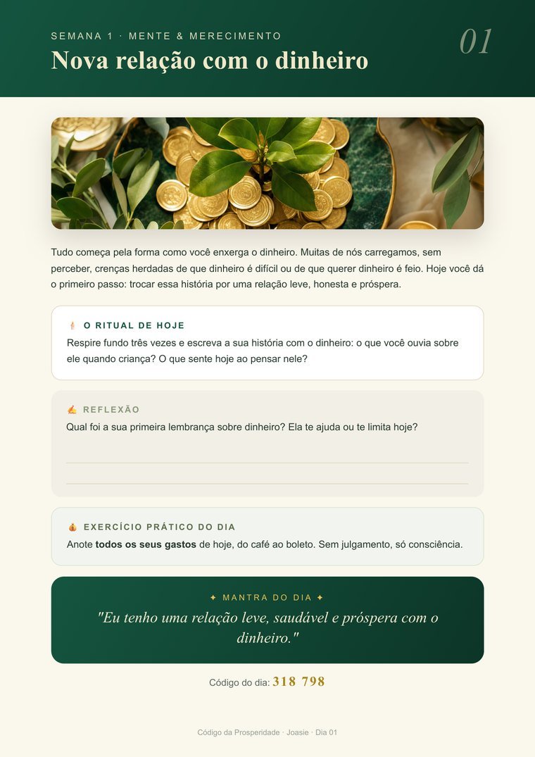 Uma página do desafio, com ritual, reflexão, exercício e mantra